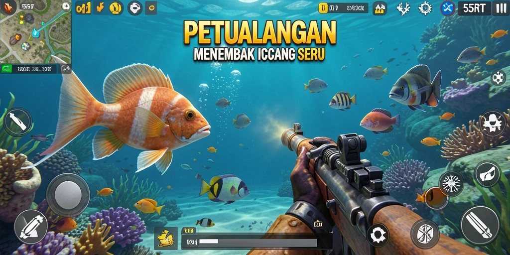 Tampilan gameplay 55RT menembak ikan dengan grafis menarik.