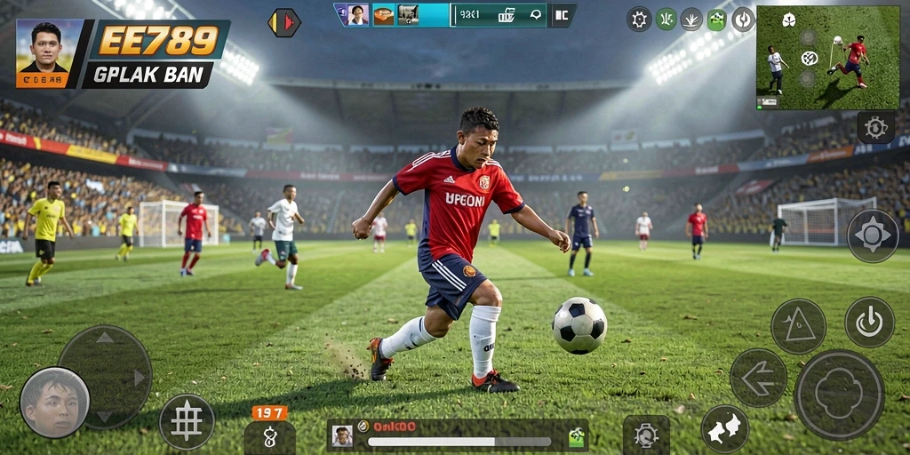 Tampilan gameplay menarik dari EE789 dengan aksi sepak bola yang intens.