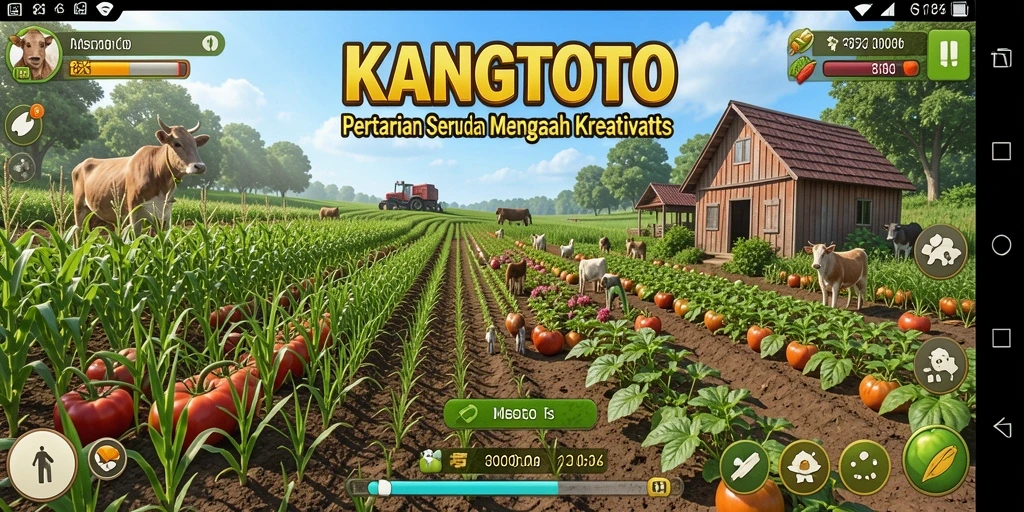 Screenshot gameplay KANGTOTO dengan pemandangan kebun yang indah.