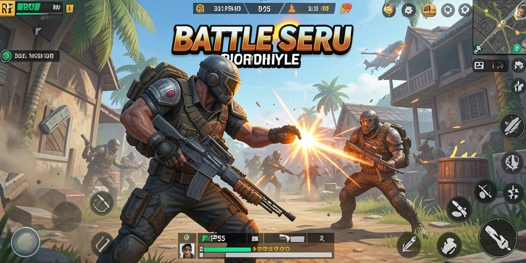 Tangkapan layar gameplay RP55 menampilkan pertempuran sengit di medan perang Battle Royale.