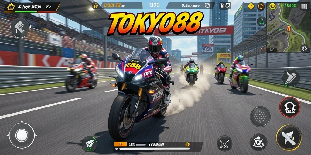 Screenshot utama TOKYO88 menunjukkan aksi balapan motor yang mendebarkan.